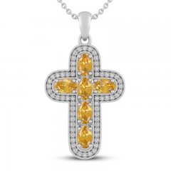 Citrine & White Lab-Created Sapphire Cross Necklace Sterling Silver 18"