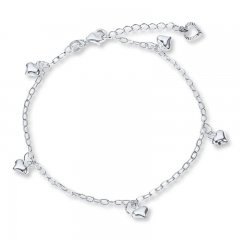 Puffed Heart Anklet Sterling Silver 9" Length