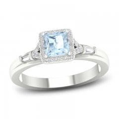 Aquamarine & Diamond Engagement Ring 1/4 ct tw Princess/Round/Baguette-Cut 14K White Gold