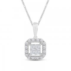 Diamond Halo Necklace 1/4 ct tw Princess/Round 10K White Gold 19"