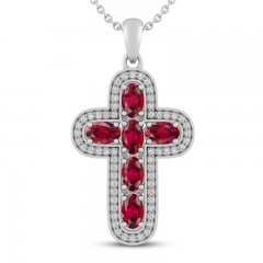 Lab-Created Ruby & White Lab-Created Sapphire Cross Necklace Sterling Silver 18"