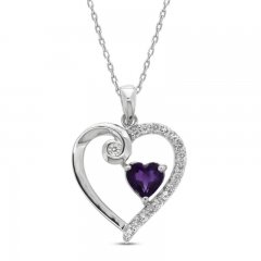 Amethyst & White Lab-Created Sapphire Heart Necklace Sterling Silver 18"