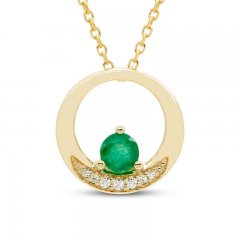 Emerald & Diamond Circle Necklace Round-Cut 10K Yellow Gold 18"