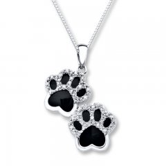 Onyx Paw Print Necklace 1/10 ct tw Diamonds Sterling Silver