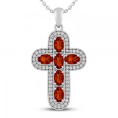 Garnet & White Lab-Created Sapphire Cross Necklace Sterling Silver 18"