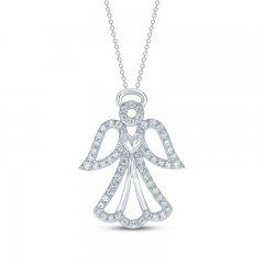 Diamond Angel & Heart Necklace 1/5 ct tw Round-Cut 10K White Gold 18"