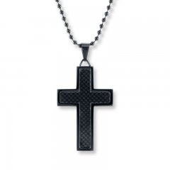 Men's Cross Necklace Black Stainless Steel 22" Length