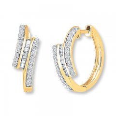 Hoop Earrings 1/2 ct tw Round/Baguette Diamonds 10K Yellow Gold