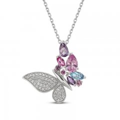 Blue Topaz, Amethyst, Lab-Created Pink Sapphire & Lab-Created White Sapphire Butterfly Necklace Sterling Silver 18"