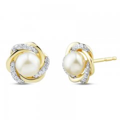 Cultured Pearl & White Lab-Created Sapphire Knot Earrings 10K Yellow Gold