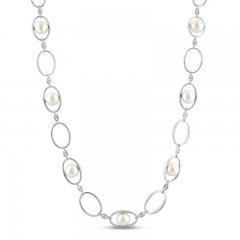 Cultured Pearl & White Lab-Created Sapphire Necklace Sterling Silver 18"