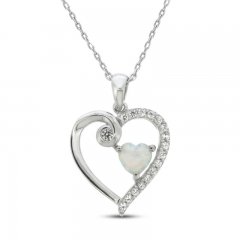 Lab-Created Opal & White Lab-Created Sapphire Heart Necklace Sterling Silver 18"