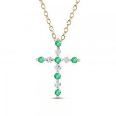 Emerald Cross Necklace 1/6 ct tw Diamonds 10K Yellow Gold 18"