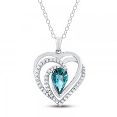 Oceanic Blue Topaz & White Topaz Heart Necklace Sterling Silver 18"