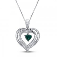 Lab-Created Emerald & White Lab-Created Sapphire Heart Necklace Sterling Silver 18"