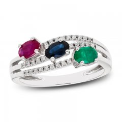 Ruby/Emerald/Sapphire/Diamond Ring 1/15 ct tw Oval/Round-Cut 10K White Gold