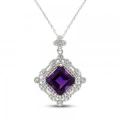 Amethyst & White Lab-Created Sapphire Necklace Sterling Silver 18"