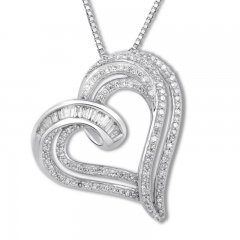 Diamond Heart Necklace 1/2 ct tw Round/Baguette Sterling Silver