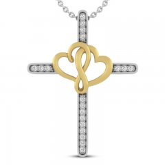 Cross & Heart Necklace 1/8 ct tw Diamonds 10K Yellow Gold Sterling Silver 18"