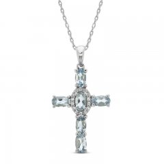 Aquamarine & White Lab-Created Sapphire Cross Necklace Sterling Silver 18"