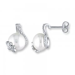 Cultured Pearl Earrings 1/10 ct tw Diamonds Sterling Silver