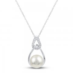 Cultured Pearl & White Topaz Raindrop Necklace Sterling Silver 18"