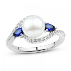 Freshwater Cultured Pearl & Blue/White Lab-Created Sapphire Ring Sterling Silver