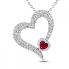 Lab-Created Ruby & Lab-Created White Sapphire Heart Necklace Sterling Silver 18"