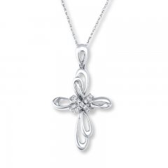 Diamond Cross Necklace 1/10 ct tw Round-cut 10K White Gold