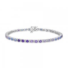 Vibrant Shades Tanzanite, Amethyst, White Lab-Created Sapphire Bracelet Round-Cut Sterling Silver 7.25"