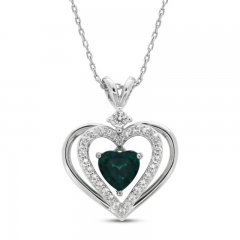 Lab-Created Emerald & White Lab-Created Sapphire Heart Necklace Sterling Silver 18"