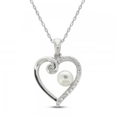 Cultured Pearl & White Lab-Created Sapphire Heart Necklace Sterling Silver 18"