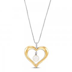 Cultured Pearl & Diamond Heart Necklace Sterling Silver/10K Yellow Gold 18"