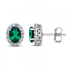 Lab-Created Emerald & White Lab-Created Sapphire Stud Earrings Sterling Silver