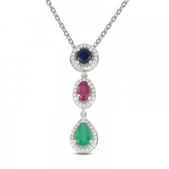 Emerald/Ruby/Sapphire Necklace 1/6 ct tw Diamonds 10K White Gold 18"