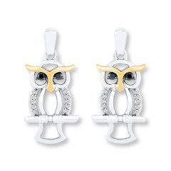 Owl Earrings 1/8 ct tw Diamonds Sterling Silver/10K Yellow Gold