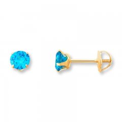 Children's Stud Earrings Blue Cubic Zirconia 14K Yellow Gold