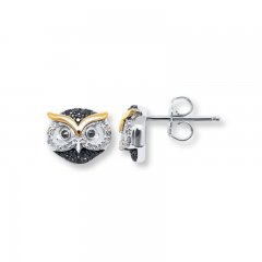 Black/White Diamond Owl Earrings Sterling Silver/10K Gold