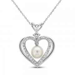 Cultured Pearl & White Lab-Created Sapphire Heart Necklace Sterling Silver 18"