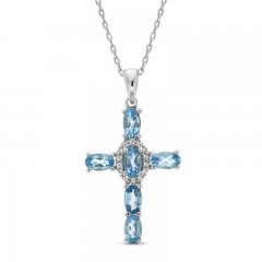 Blue Topaz & White Lab-Created Sapphire Cross Necklace Sterling Silver 18"