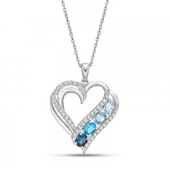 Vibrant Shades Aquamarine, Blue Topaz, White Lab-Created Sapphire Heart Necklace Oval, Round-Cut Sterling Silver 18"