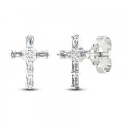 Diamond Cross Stud Earrings 1/5 ct tw Round/Baguette 10K White Gold