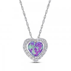 Lavender Lab-Created Opal & White Lab-Created Sapphire Heart Necklace Sterling Silver 18"