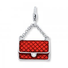 Red Purse Charm Enamel & Crystal Accent Sterling Silver