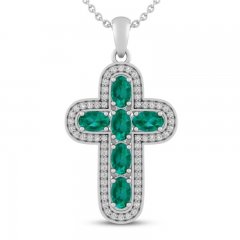 Lab-Created Emerald & White Lab-Created Sapphire Cross Necklace Sterling Silver 18"